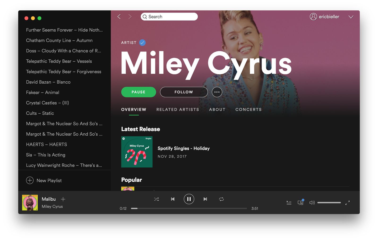 Miley Cyrus' artist page on Spotify