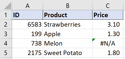 A Microsoft Excel worksheet showing price data for various fruits, with a lookup error in one cell