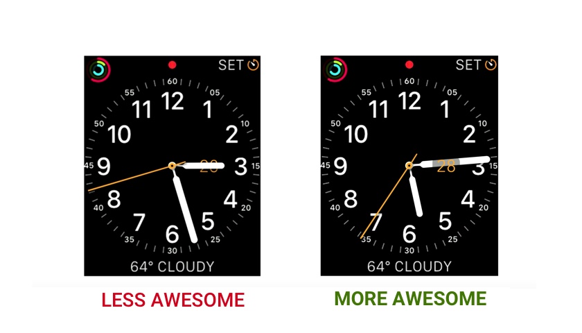 Two digital watch interfaces showing how skeuomorphism can improve design