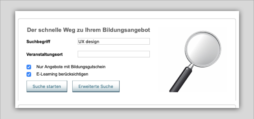 A screenshot showing how to search for relevant Bildungsgutschein courses on Kursnet