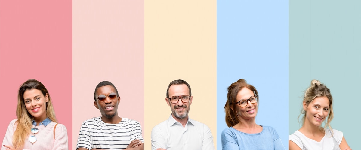 Profile gallery of different user personas with colorful backdrops