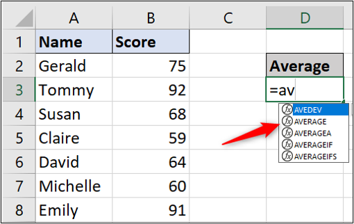 A simple Excel spreadsheet containing data for student names and test scores. The user has typed "equals" and then "av" into a cell, and a dropdown has appeared with various average functions.