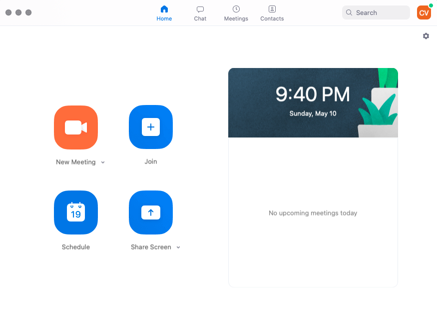 Screenshot of Zoom, featuring four simple options: new meeting, join, schedule, and share screen.